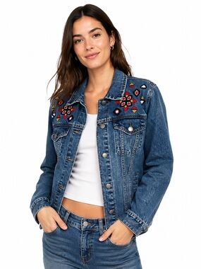 💕 Jean Jacket Velvet Heart Embroidered Distressed Women’s Size Medium